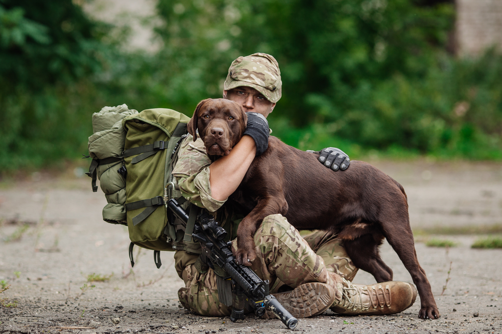 military,man,hugs,dog