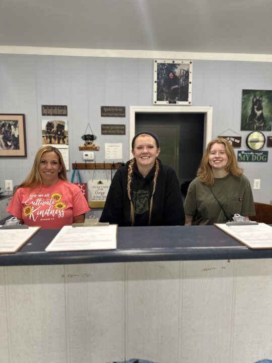 Three women at the reception counter of a dog care facility